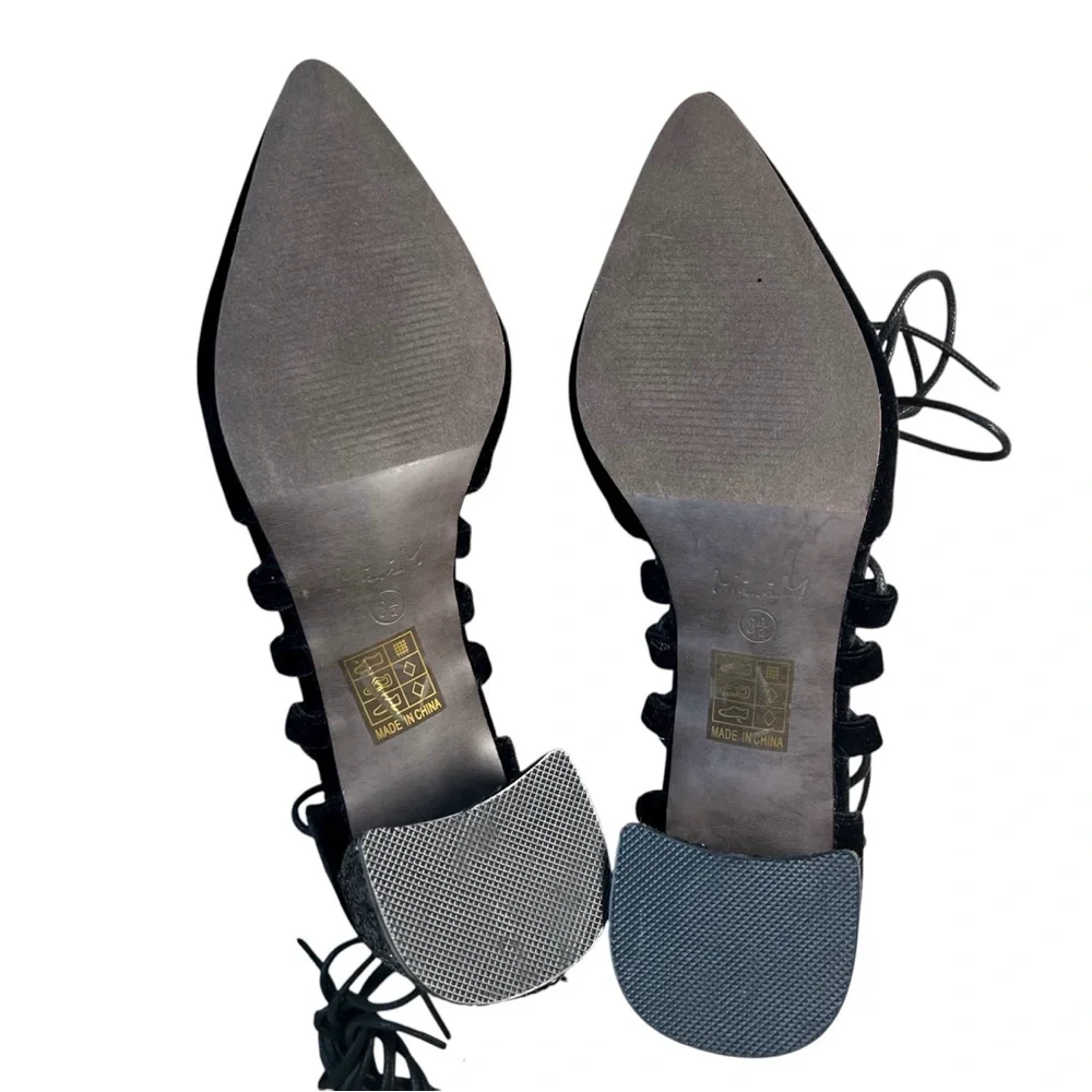 Mi.iM Black Velvet Block Glitter Heel Strappy Lace Up Shoes Pointed Toe Size 8.5